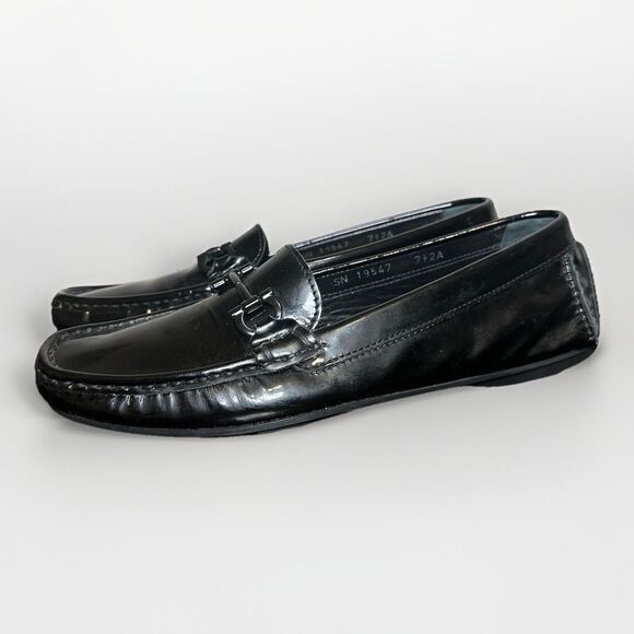 SALVATORE FERRAGAMO Black Patent Leather Horsebit Driving Loafers Women's 7.5 2A - Picture 1 of 13